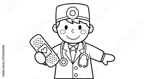 Cheerful Doctor with Stethoscope and Band Aid Community Helpers Coloring Sheet