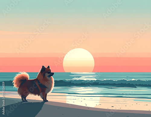 Pomeranian Standing on the Beach Watching the Sunset