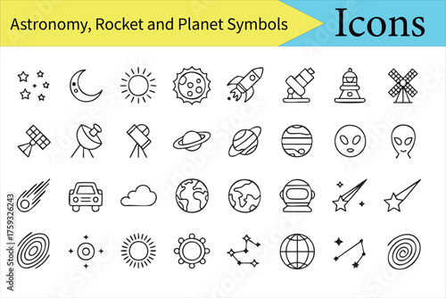 Space and astronomy line icons set for science, education, and exploration design