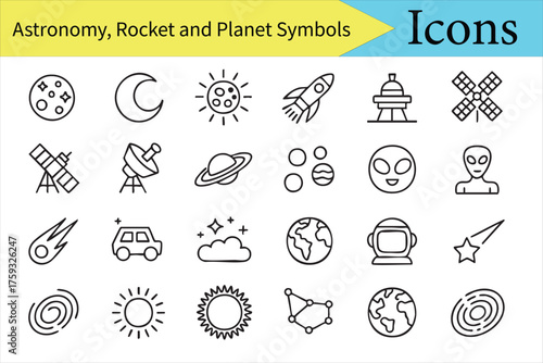 Rocket and planet vector illustration pack featuring stars, galaxies, and UFO symbols