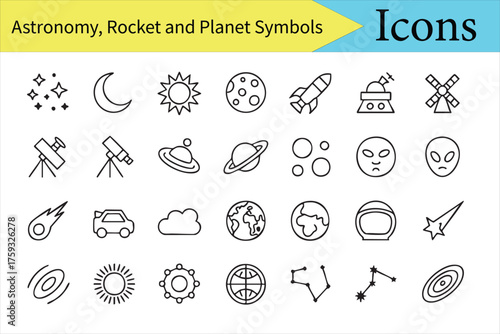 Solar system and galaxy line icons pack for astronomy, discovery, and research themes