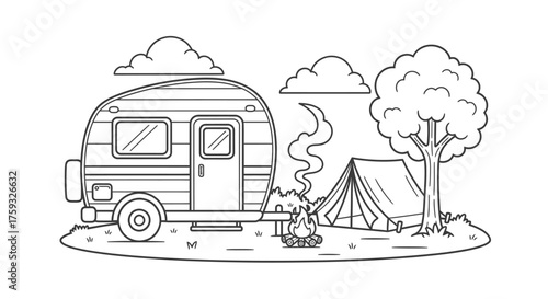 Commercial Kids Coloring Page Featuring a Cozy Camper Van Near a Forest