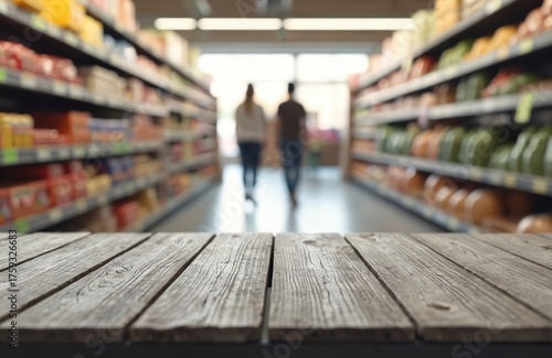 Wallpaper Mural Empty rustic wooden table top provides copy space in modern supermarket. Blurred grocery store aisle with shelves display various food products, drinks. Two people walk in distance in vibrant retail Torontodigital.ca
