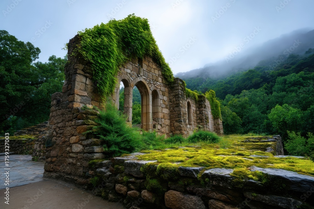 Fototapeta premium Ancient Monastery Ruins Misty Hills