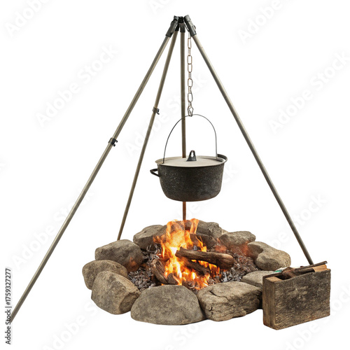Campfire cooking pot hanging over a fire pit with rocks and wood isolated on transparent background