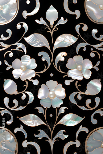 Korean Lacquerware Pattern Design, Intricate Mother-of-Pearl Inlay on Black Lacquer by traditional Korean Najeonchilgi. a traditional Korean flower pattern