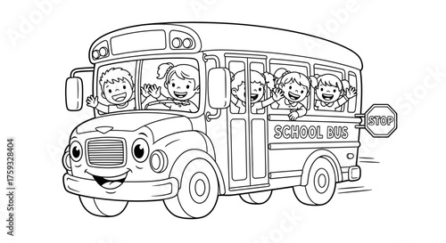 Friendly School Bus with Waving Children for Educational School Theme Coloring Sheet