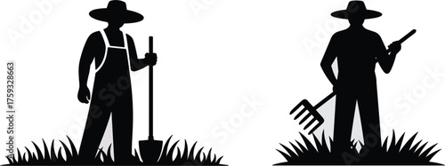 Two black silhouette farmers wearing hats and overalls with farm tools person agriculture