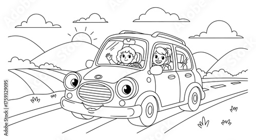 High-Quality Line Art of a Cheerful Family Car on a Road Trip Fun Coloring Page