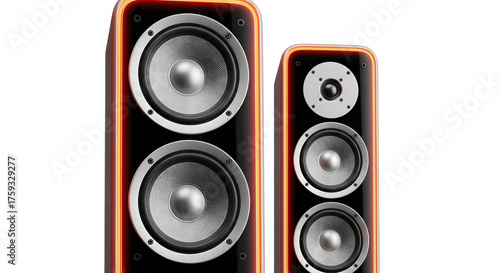 Modern black tower speakers with orange trim isolated on transparent background