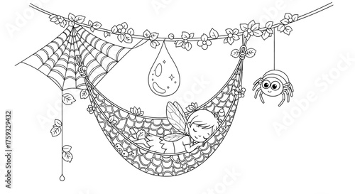 Whimsical Spiderweb Fairy Hammock with a Glistening Dewdrop Intricate Coloring Page