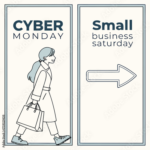 Illustration showing cyber monday with a woman shopping and small business saturday with an arrow pointing right