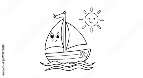 Sailing Boat on Wavy Ocean Water Kids Line Art Coloring Page Ocean Adventure