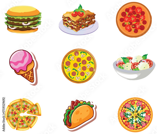 Colorful Fast Food Vector Icons Set - Burger, Pizza, Taco, Lasagna, Ice Cream and Salad Illustrations