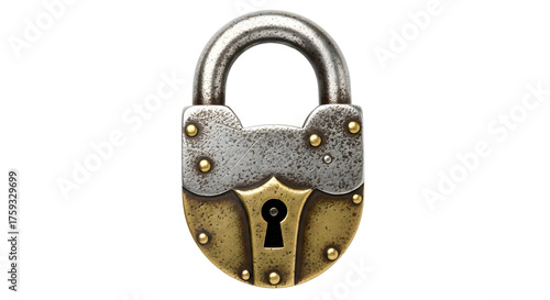 Antique brass and steel padlock isolated on transparent background