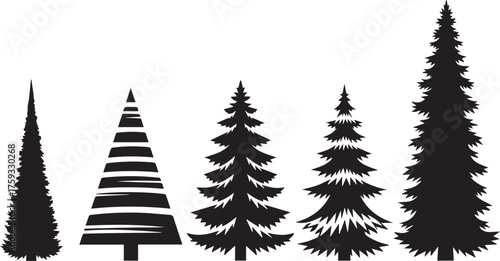 Collection of five stylized black silhouette christmas trees of varying heights and textures on white background