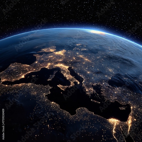 View of europe from space at night showing city lights and the sunrise over the horizon of the earth