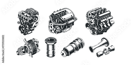 Automotive Engine Components and Parts Assemblage
