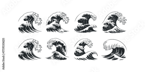 Collection of eight stylized ocean wave illustrations