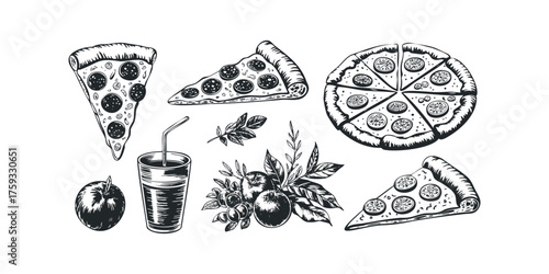 Hand Drawn Pizza Slices Drink and Fruit Arrangement