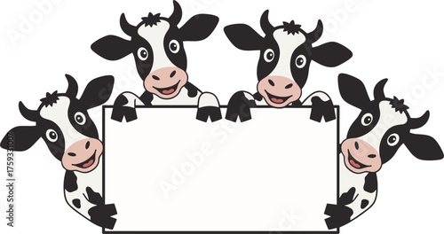 Four cartoon cows peeking over a blank white sign cattle farm