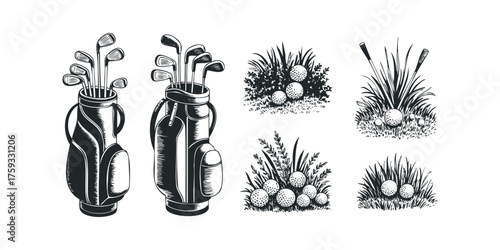 Golf Bag with Clubs and Golf Balls in Rough Grass