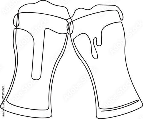 Two glasses of beer clinking together in a continuous line drawing