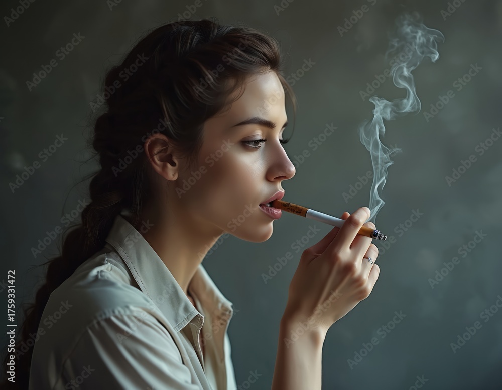 Obraz premium Young woman smokes electronic cigarette. Smoke rises, looks away thoughtfully. Lady holds vape device, pensive. Female finds calm, reflective peace in quiet, introspective moment, personal solitude.