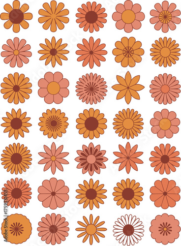 Retro flowers pattern in warm orange and pink tones floral vintage