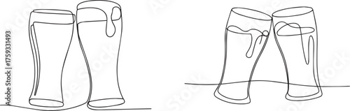 Set of Two glasses of beer clinking together in a continuous line drawing