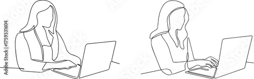 Set of Continuous line drawing of a woman working on a laptop computer