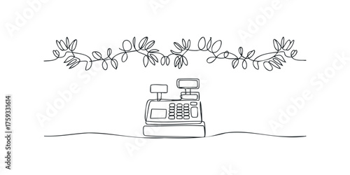 One line drawing of a vintage cash register with decorative border