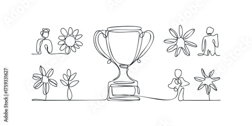 Minimalist continuous line drawing of trophy and figures