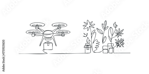 Drone delivers package among organic plants and flowers