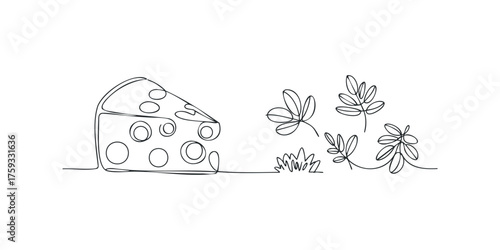 Minimalist continuous line drawing of cheese wedge and leaves