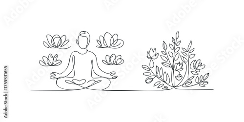 Person in meditative pose with lotus flowers and branches