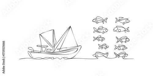 Fishing boat with schools of fish