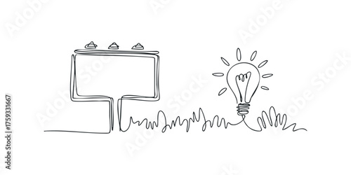 Single line drawing of a billboard and a light bulb on grass