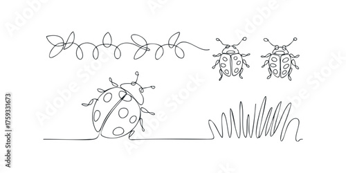 Single line drawing of ladybugs and nature elements