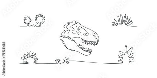 Dinosaur skull and prehistoric plant single line drawing