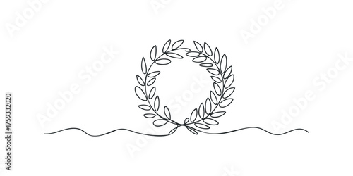 Single line drawing of a laurel wreath on a wavy line