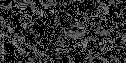 Black topography map geography relief diagram texture design. Topography background and black line world map texture design. Lines Topographic contour lines grid map seamless pattern.	