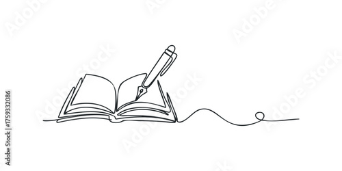 Single line drawing of open book with fountain pen