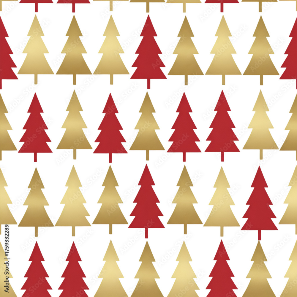 Fototapeta premium Seamless pattern of alternating red and metallic gold Christmas tree silhouettes creating a festive holiday wrapping paper background isolated on transparent background.