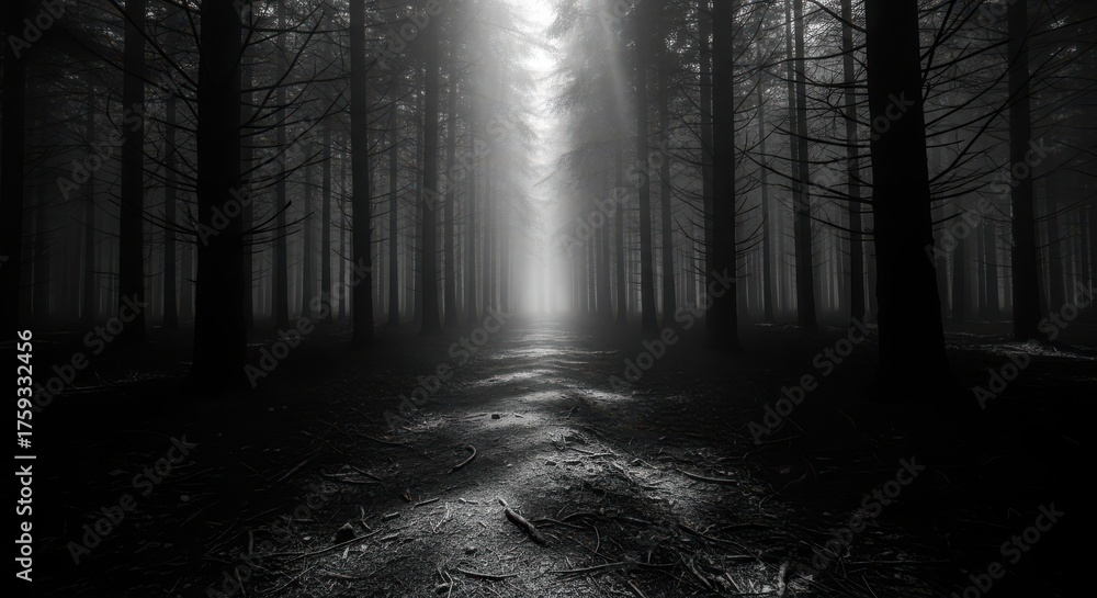 Naklejka premium Eerie dark forest path with light rays shining through the trees