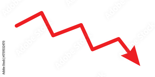 Downward zigzag arrow icon with transparent background, depicting negative trend, market decline, economic recession, business downturn, vector illustration 