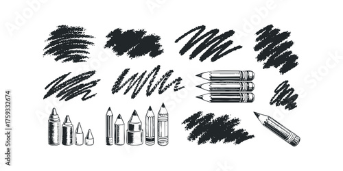 Pencil Sketches and Shading Textures on White Background