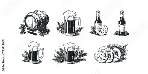 Wooden barrel with hops and wheat next to beer mugs and bottles with pretzels