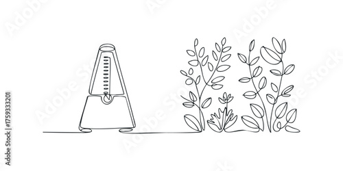 Continuous line drawing of a metronome and botanical elements