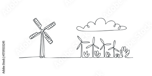 Line art wind turbines and clouds minimalist drawing